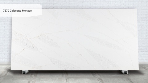 Avant Quartz 7570 Calacatta Monaco poler 20 mm biały konglomerat z delikatnym szaro-beżowym użyleniem