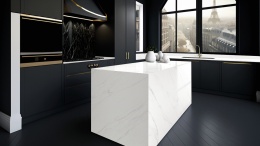 Kuchnia z blatem i okładziną Avant Quartz 5720 Calacatta Riviera poler 20 mm