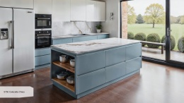 Kuchnia z wyspą z Avant Quartz 5750 Calacatta Chery poler 20 mm