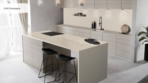 Kuchnia z blatem i wyspą Avant Quartz 2100 Champagne poler 20 mm w ciepłej beżowej tonacji