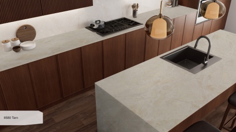 Wyspa kuchenna z Avant Quartz 8580 Tarn poler 20 mm i drewnianą zabudową