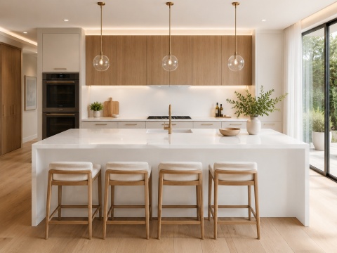 Nowoczesna kuchnia z wyspą i blatem Avant Quartz 1004 White Quartz w polerowanym wykończeniu