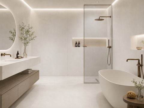 Infinity RE01 Resin Total White jako wielkoformatowa okładzina ścian i blatu w łazience spa.