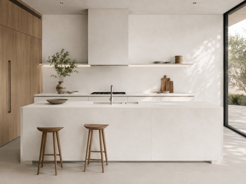 Infinity RE01 Resin Total White na wyspie, blacie i ścianie w jasnej minimalistycznej kuchni.