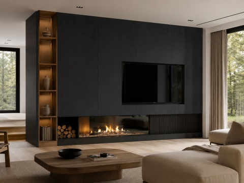 Infinity RE04 Resin Total Black na ścianie TV i kominku w salonie z drewnem.