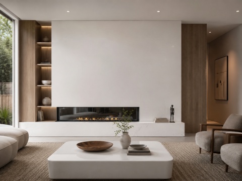 Infinity Absolute White SC01 na ścianie kominkowej i stoliku w nowoczesnym salonie z drewnem.
