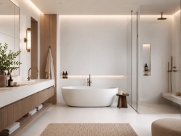 Infinity Absolute White SC01 jako wielkoformatowa okładzina ścian i blat w eleganckiej łazience spa.
