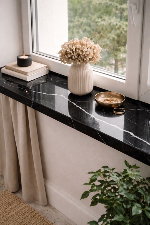 Parapet z czarnego konglomeratu InterQ Black Carrara z wyrazistym białym użyleniem przy jasnym oknie