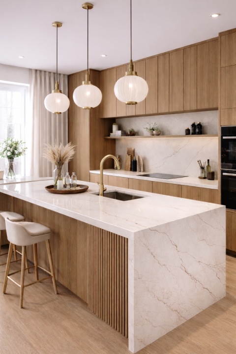 Jasna kuchnia z drewnianą zabudową i blatami z konglomeratu InterQ Calacatta Bella o delikatnym brązowym użyleniu