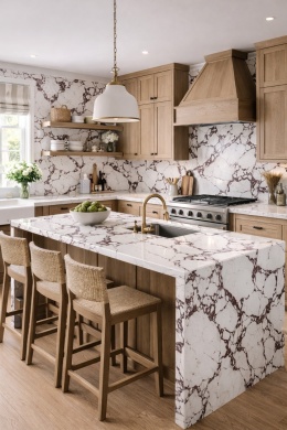 Kuchnia w stylu wiejskim z drewnianą zabudową i wyspą wykończoną konglomeratem InterQ Calacatta Viola