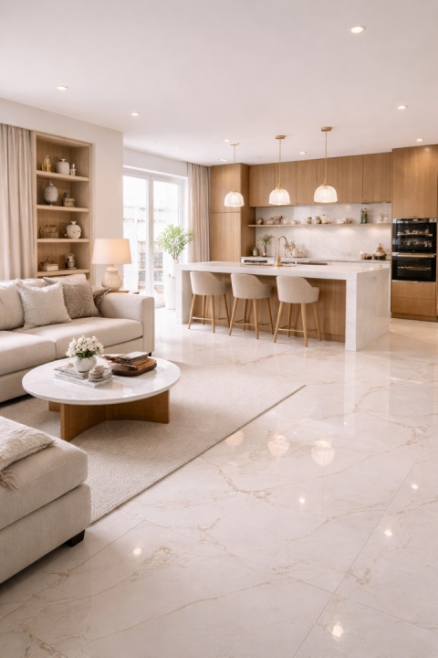 Jasne mieszkanie z otwartą kuchnią i salonem oraz podłogą z konglomeratu InterQ Carrara Oro o subtelnym użyleniu