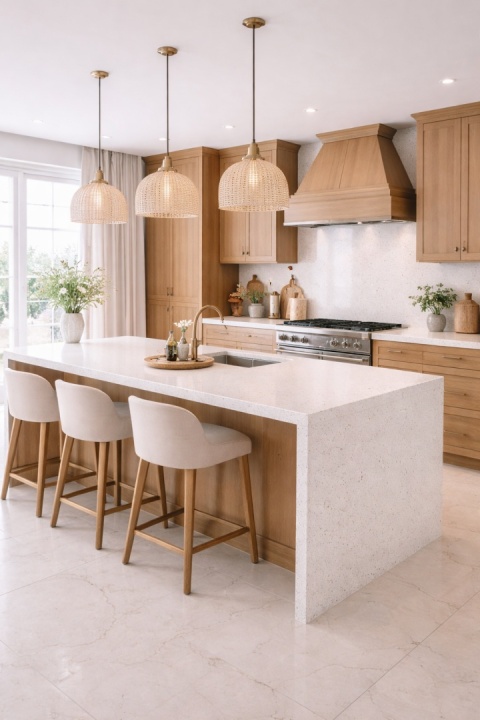 Jasna kuchnia z drewnianą zabudową i wyspą z blatami z konglomeratu InterQ Cremo Perlato o subtelnym perłowym rysunku