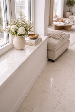 Elegancki salon w stylu neo z parapetem i jasną podłogą z konglomeratu InterQ Fantasy Frost o subtelnym użyleniu