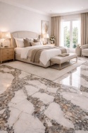 Luksusowa sypialnia z podłogą z konglomeratu InterQ Patagonia o wyrazistym krystalicznym rysunku w jasnych tonach