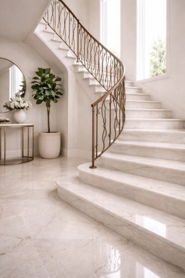 Eleganckie schody z konglomeratu InterQ Perla Santana w jasnym wnętrzu z dekoracyjną metalową balustradą