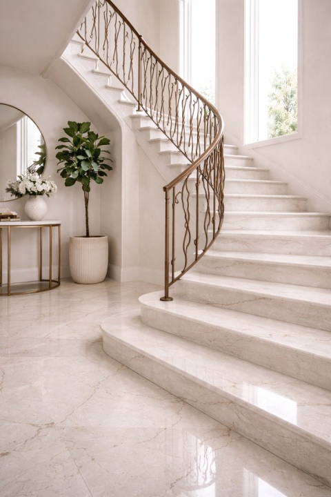 Eleganckie schody z konglomeratu InterQ Perla Santana w jasnym wnętrzu z dekoracyjną metalową balustradą