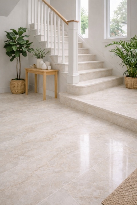 Skandynawskie wnętrze ze schodami i podłogą z konglomeratu InterQ Taj Mahal oraz zielonymi roślinami