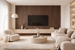 Nowoczesny salon z dekoracyjną ścianą w spieku Laminam KI NO BI Acai Marrone oraz meblami w beżowych tonacjach