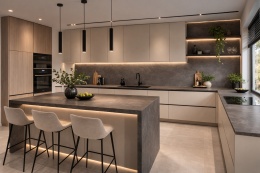 Kuchnia z wyspą i blatami ze spieku Laminam Fokos Grafite, jasne meble kuchenne i nowoczesne oświetlenie