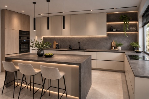 Kuchnia z wyspą i blatami ze spieku Laminam Fokos Grafite, jasne meble kuchenne i nowoczesne oświetlenie