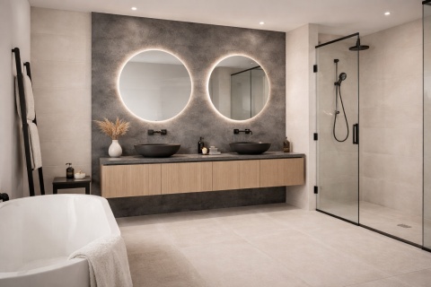 Nowoczesna łazienka z dekoracyjną ścianą ze spieku Laminam Fokos Piombo, jasne płytki i czarne dodatki