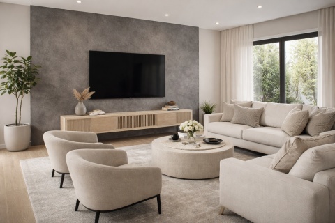 Nowoczesny salon z dekoracyjną ścianą RTV ze spieku Laminam Fokos Piombo, beżowe meble i jasne wnętrze