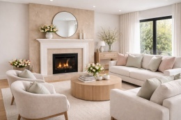 Klasyczny salon z kominkiem wykończonym spiekiem kwarcowym Laminam Fokos Rena w kolorze beżowo-piaskowym, jasne meble