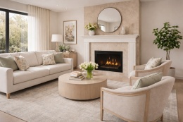 Klasyczny salon z kominkiem wykończonym spiekiem kwarcowym Laminam Fokos Rena w kolorze beżowo-piaskowym, wiosenne dekoracje i jasne meble