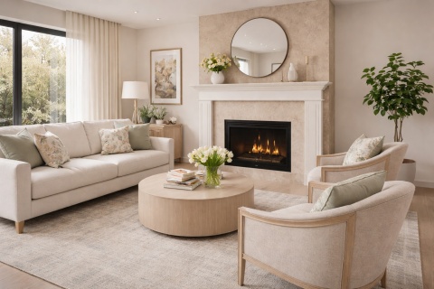 Klasyczny salon z kominkiem wykończonym spiekiem kwarcowym Laminam Fokos Rena w kolorze beżowo-piaskowym, wiosenne dekoracje i jasne meble