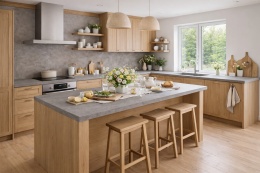 Kuchnia z dużyą wyspą i z blatem ze spieku kwarcowego Laminam Fokos Roccia i wiosenną aranżacją wyspy  kwiatami.