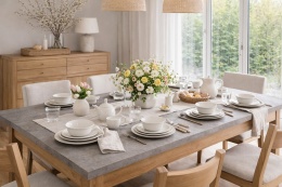 Jadalnia z dużym stołem z blatem ze spieku kwarcowego Laminam Fokos Roccia i wiosenną aranżacją stołu z kwiatami.