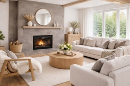 Salon w stylu skandynawskim z kominkiem wykończonym spiekiem kwarcowym Laminam Fokos Roccia w kolorze szaro-brązowego betonu.