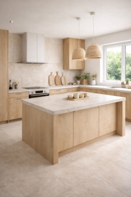Jasna kuchnia z blatami i ścianą ze spieku Laminam Fokos Sale w beżowo-piaskowej kolorystyce inspirowanej betonem
