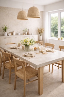 Jadalnia ze stołem ze spieku Laminam Fokos Sale, jasne drewno, wiosenne kwiaty i naturalne dodatki