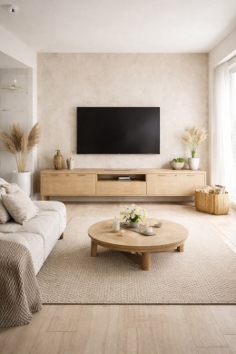 Salon z dekoracyjną ścianą RTV ze spieku Laminam Fokos Sale w jasnej beżowo-piaskowej kolorystyce, styl skandynawski