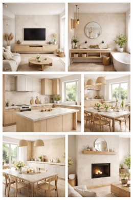 Kolaż przedstawiający pomieszczenia z Fokos Sale w jasnej beżowo-piaskowej kolorystyce, styl skandynawski