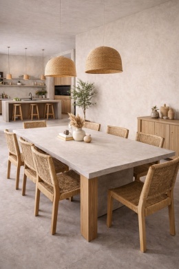 Jadalnia ze stołem ze spieku Jadalnia ze stołem wykonanym ze spieku Laminam Fokos Talco w jasnej kremowo-beżowej kolorystyce