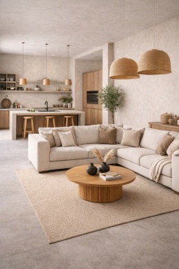 Otwarty salon z kuchnią i ścianą ze spieku Laminam Fokos Talco w jasnej kremowo-beżowej kolorystyce