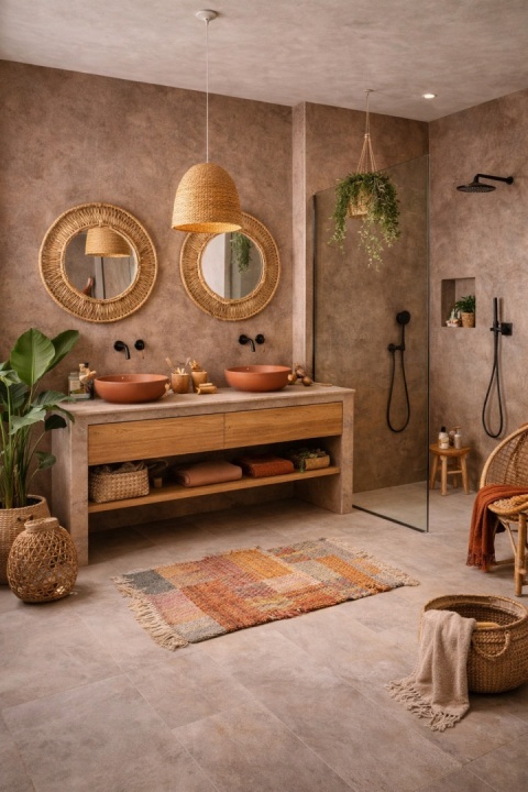 Łazienka w stylu boho z okładziną ze spieku Laminam Fokos Terra, rośliny, naturalne drewno i rattanowe dodatki