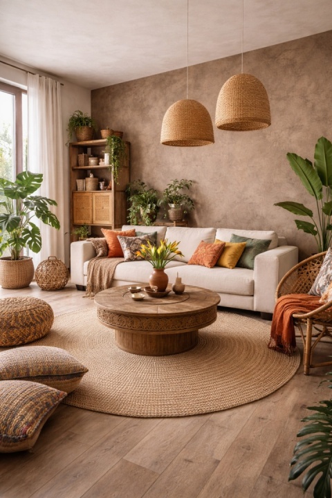 Salon w stylu boho z dekoracyjną ścianą ze spieku Laminam Fokos Terra w ciepłej brązowo-beżowej kolorystyce