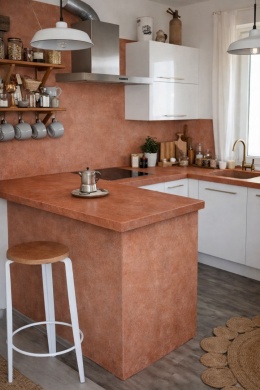 Kuchnia w stylu boho z półwyspem i blatami wykonanymi ze spieku Laminam Acero w ciepłym rdzawym kolorze.