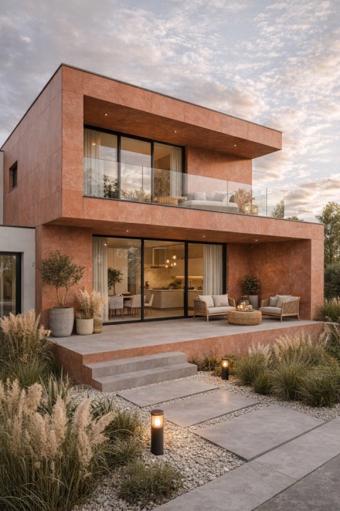 Nowoczesna elewacja domu wykonana ze spieku kwarcowego w rdzawym kolorze inspirowanym Laminam Acero.
