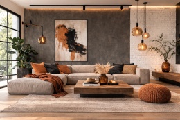 Salon w stylu loft z grafitową ścianą ze spieku Laminam Cenere, białą cegłą dekoracyjną i kolorowymi dodatkami.