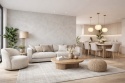 Nowoczesny salon z jasnoszarą ścianą ze spieku Laminam Cielo, jasnymi meblami i drewnianymi dodatkami.