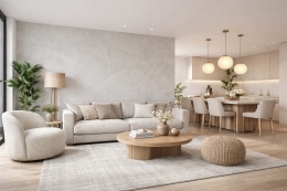 Nowoczesny salon z jasnoszarą ścianą ze spieku Laminam Cielo, jasnymi meblami i drewnianymi dodatkami.
