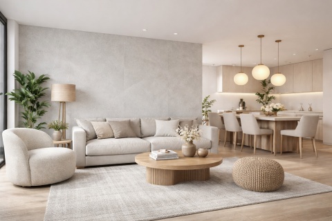 Nowoczesny salon z jasnoszarą ścianą ze spieku Laminam Cielo, jasnymi meblami i drewnianymi dodatkami.