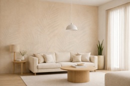Salon z dekoracyjną ścianą ze spieku Laminam Gemini Flora Pelle w ciepłym beżowym kolorze z motywem liści.