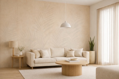 Salon z dekoracyjną ścianą ze spieku Laminam Gemini Flora Pelle w ciepłym beżowym kolorze z motywem liści.