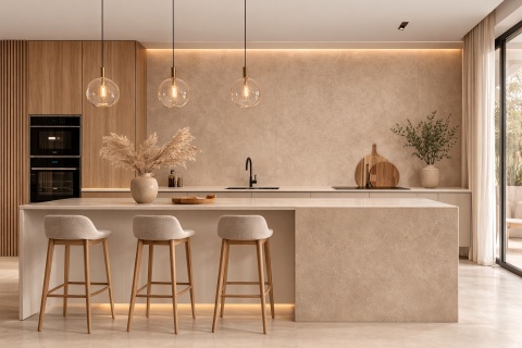 Kuchnia z wyspą i ścianą wykończoną spiekiem Laminam Gemini Grano w piaskowo-beżowej kolorystyce.