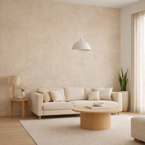 Nowoczesny salon z dekoracyjną ścianą ze spieku Laminam Gemini Grano w ciepłym beżowym kolorze.